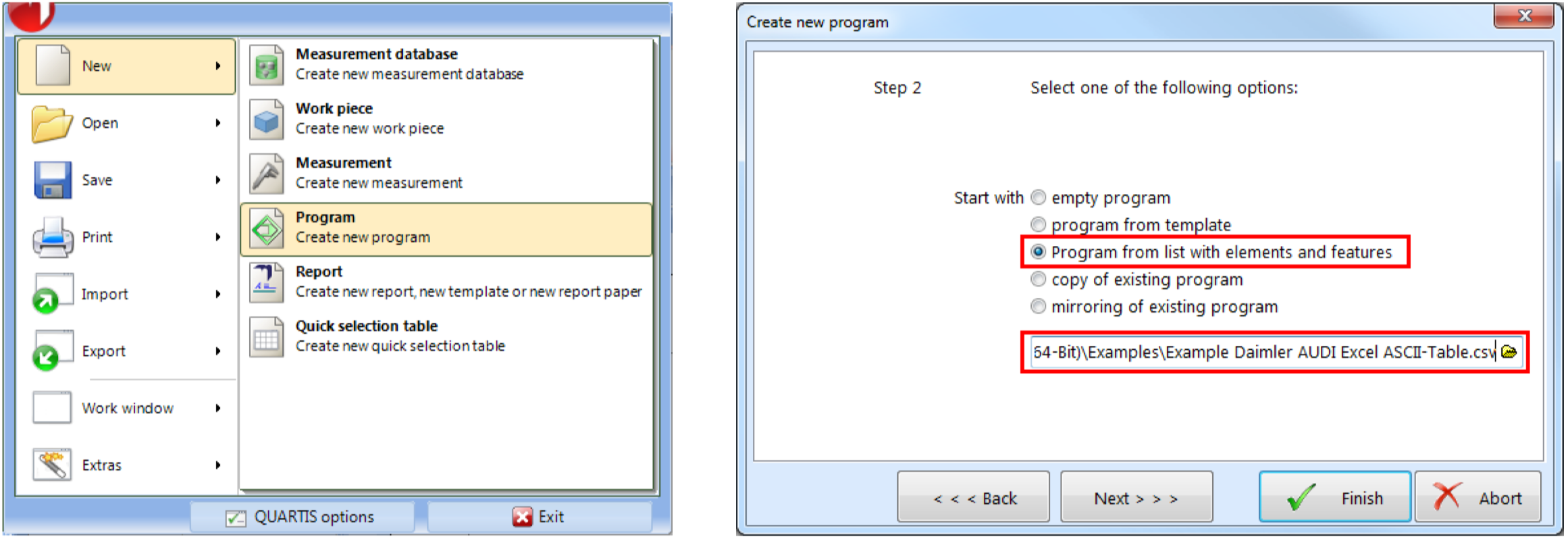 Creating automatically a new QUARTIS measuring program